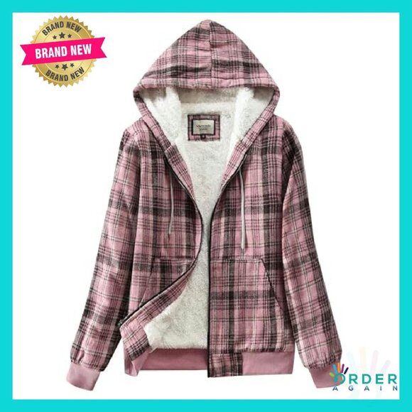 Sherpa Lined Flannel Hoodie Jacket Cozy Casual Full Zip Plaid Oversized - Picture 2 of 8